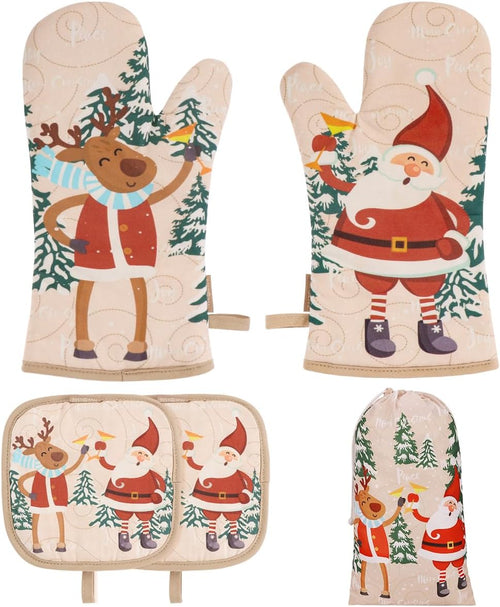 5Pcs Christmas Oven Mitts and Pot Holders Sets, Heat Resistant Oven Gloves, Christmas Kitchen Decor for Kitchen Cooking Baking Grill Baking BBQ and Accessories