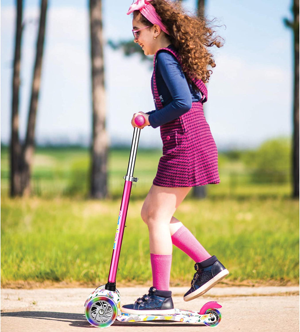 3-Wheel Kick Scooter for Kids Ages 3-8 Lean-To-Steer Toddler Scooter with Extra Wide Light up Wheels, 4 Adjustable Heights, Foldable Scooters for Boys & Girls, Max Weight 110Lbs