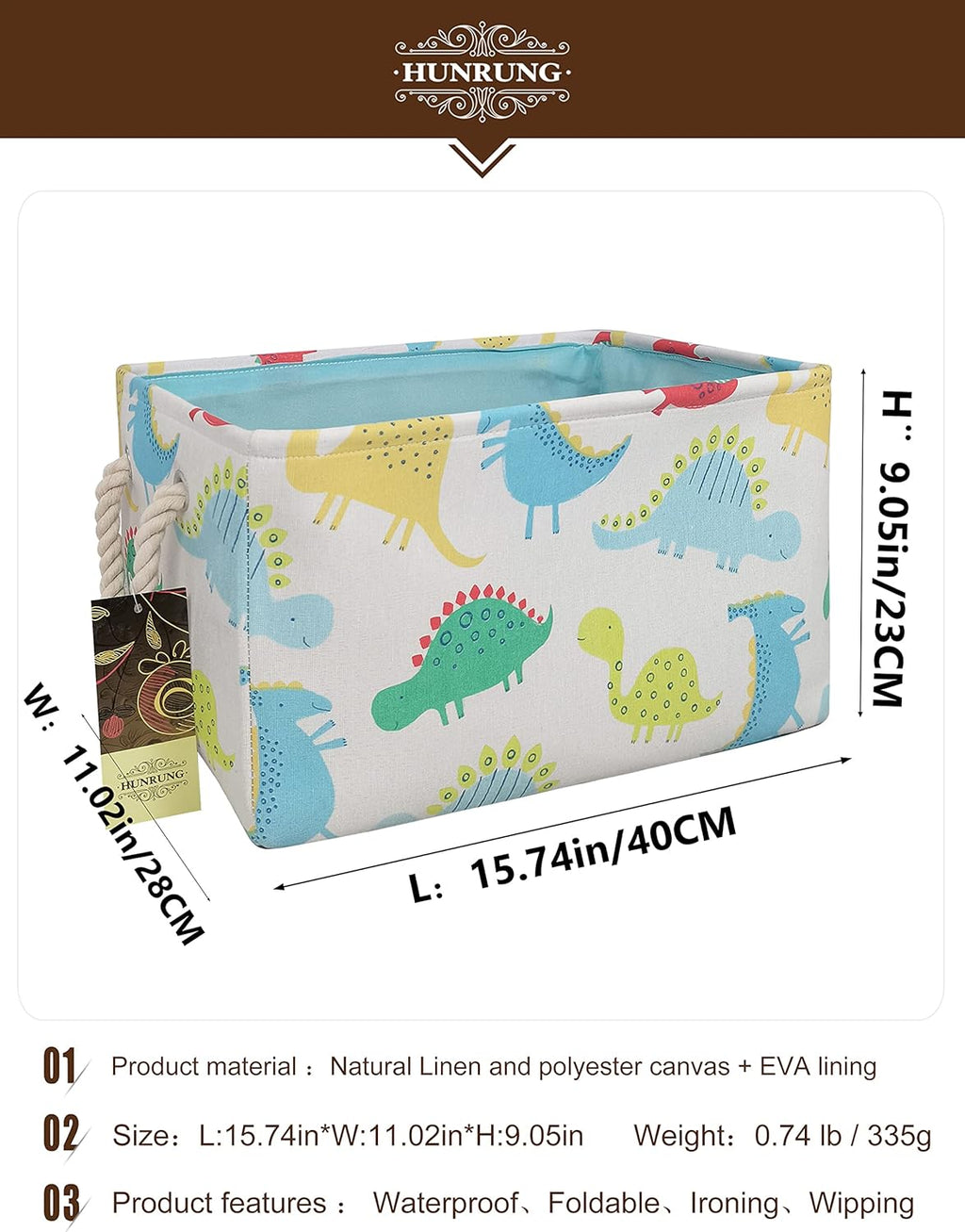 Rectangle Storage Basket Cute Canvas Organizer Bin for Pe, Dinosaur XL