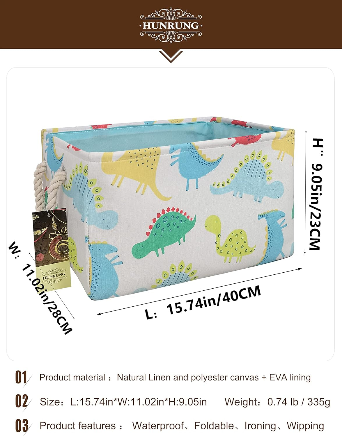 Rectangle Storage Basket Cute Canvas Organizer Bin for Pe, Dinosaur XL