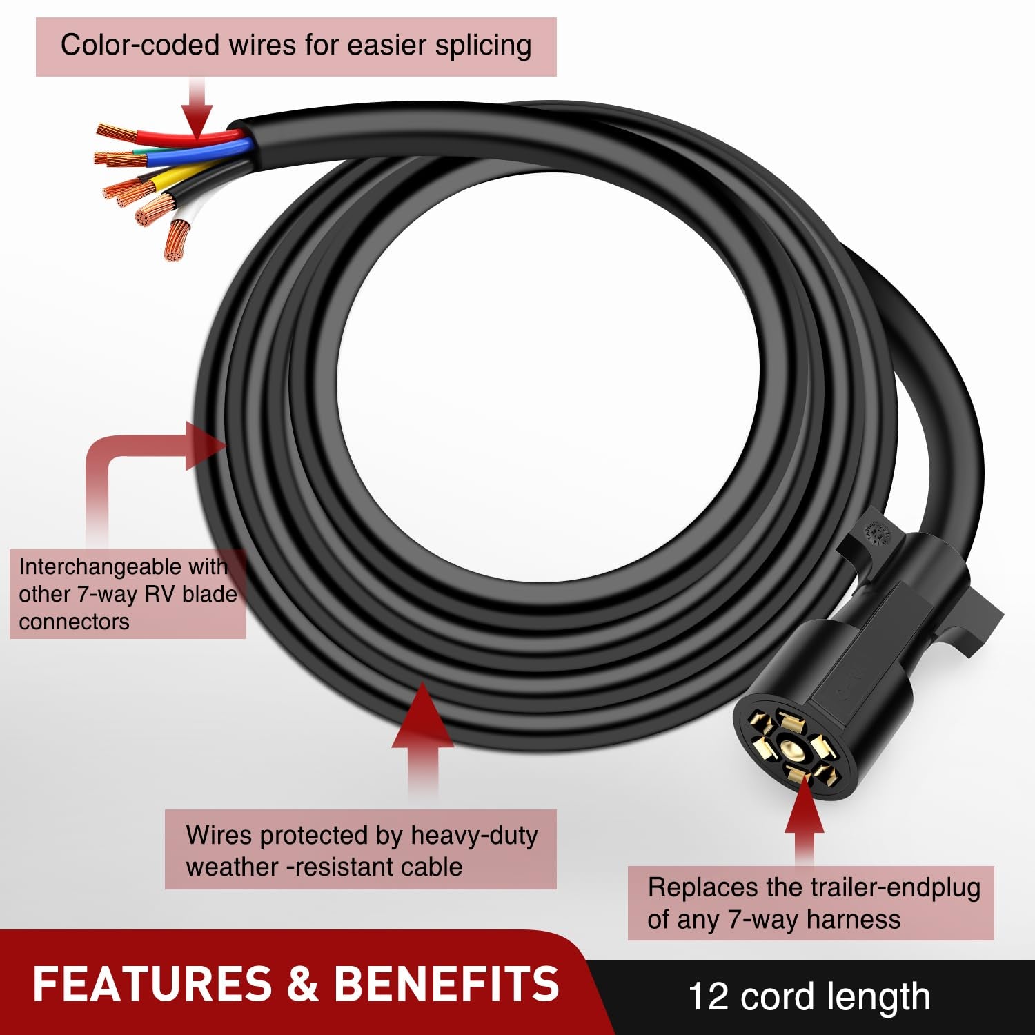 7Way 12FT 7 Way Trailer Extension Cord Heavy Duty