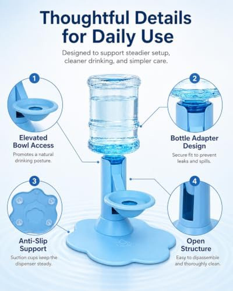 Gravity Cat Water Dispenser Stand Automatic Refill Elevated Bowl | Anti-Tip Suction Base with 650 Ml Bottles Filter-Free No Electricity Pet Waterer for Indoor Cats and Small Dogs
