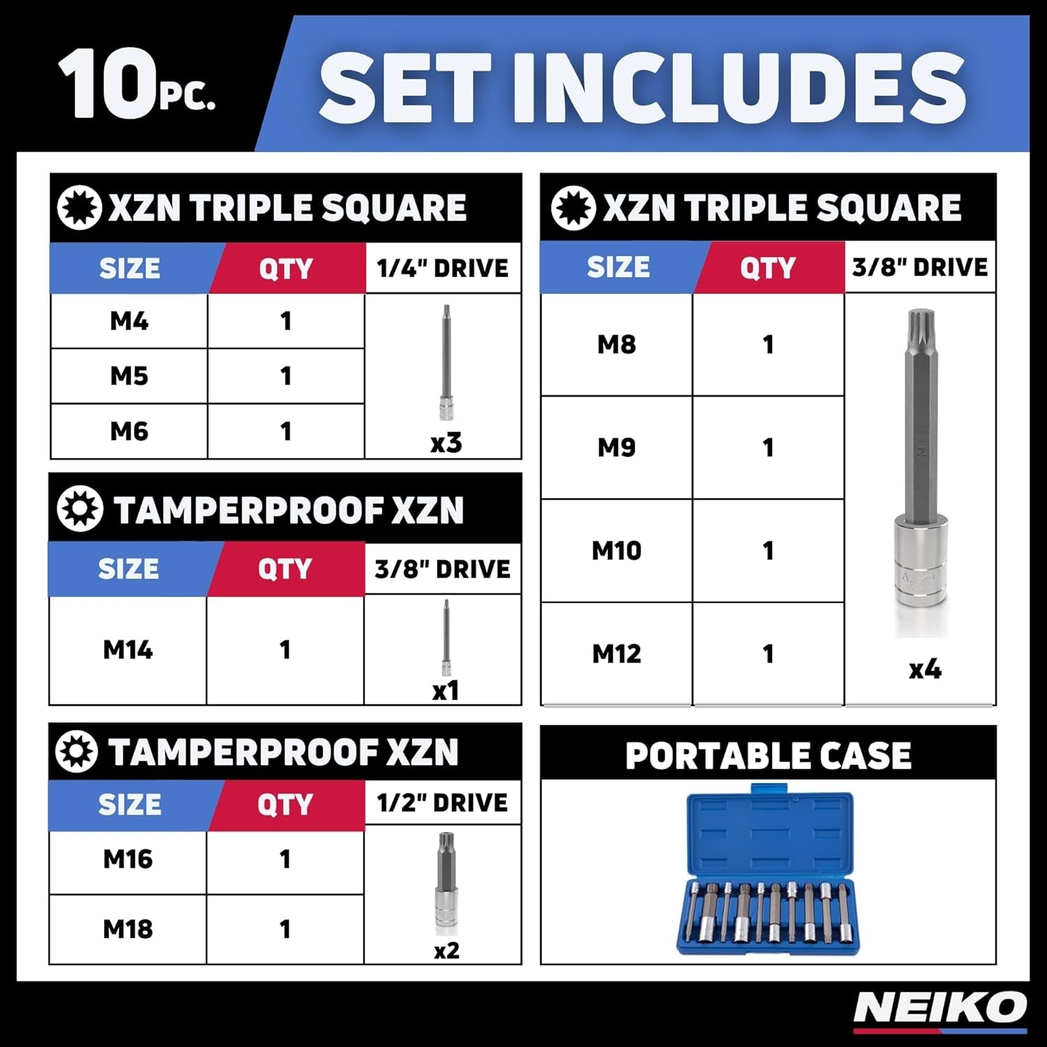 10054A XZN Triple Square Spline Bit Socket Set | Extra Long 4” | 4Mm to 18Mm | 10-Piece Set | S2 and Cr-V Steel