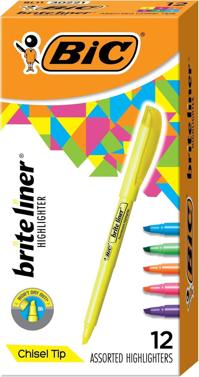 Brite Liner Highlighters, Chisel Tip, 12-Count Pack, Assorted Colors
