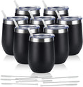 8 Pack 12Oz Stainless Steel Wine Tumblers, Insulated Wine Tumbler, Double Wall Insulated Wine Glass, Stainless Steel Stemless Wine Cups with Lids for Coffee, Wine, Cocktails, Champaign, Black