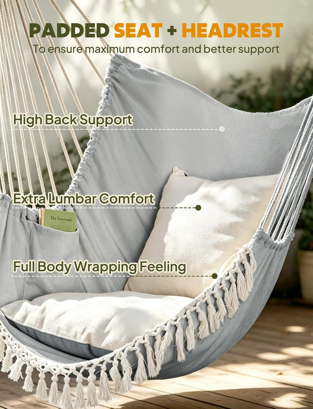 Hammock Chair Max 500 Lbs 2 Cushions Spreader Bar Strap Carabiner