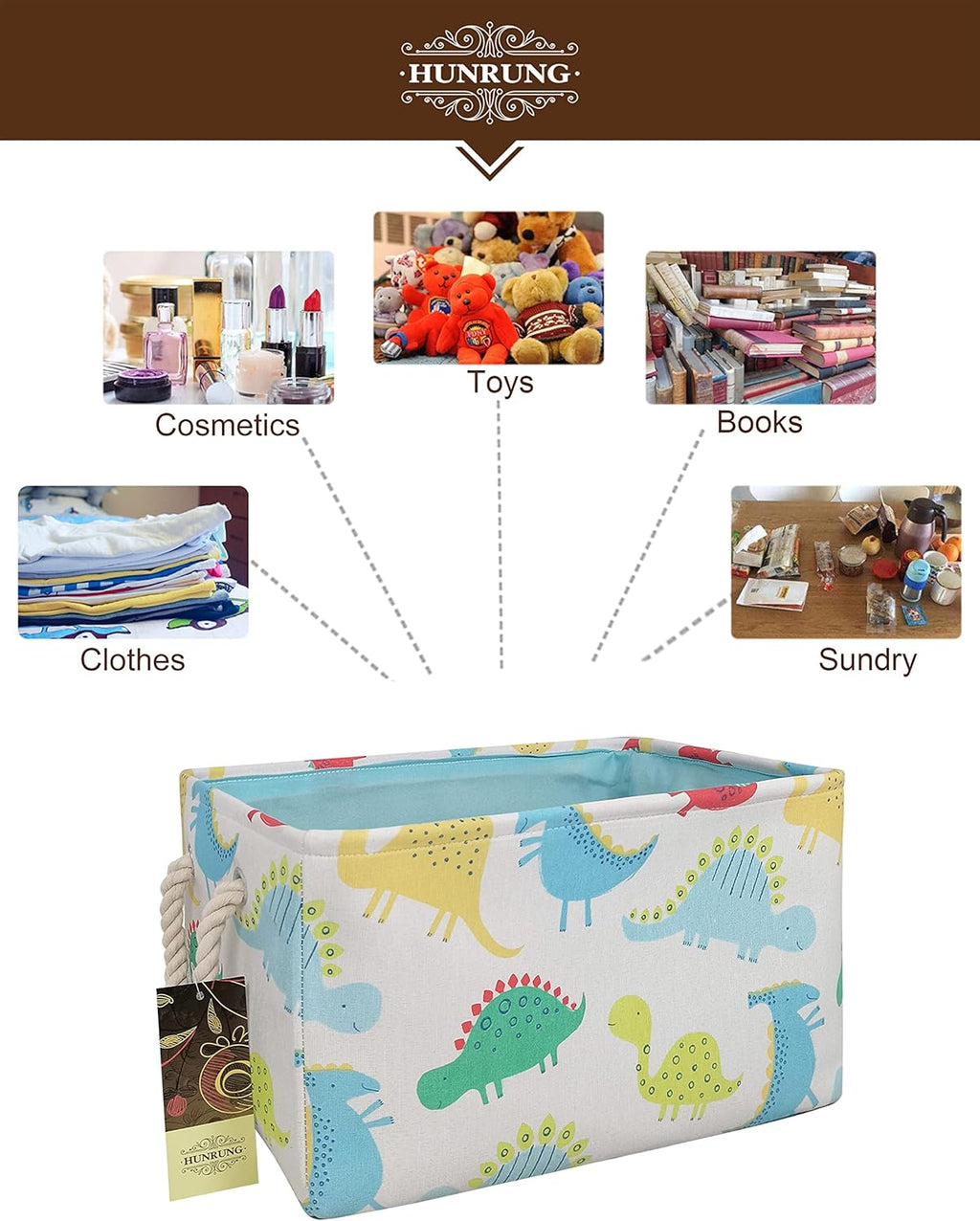 Rectangle Storage Basket Cute Canvas Organizer Bin for Pe, Dinosaur XL