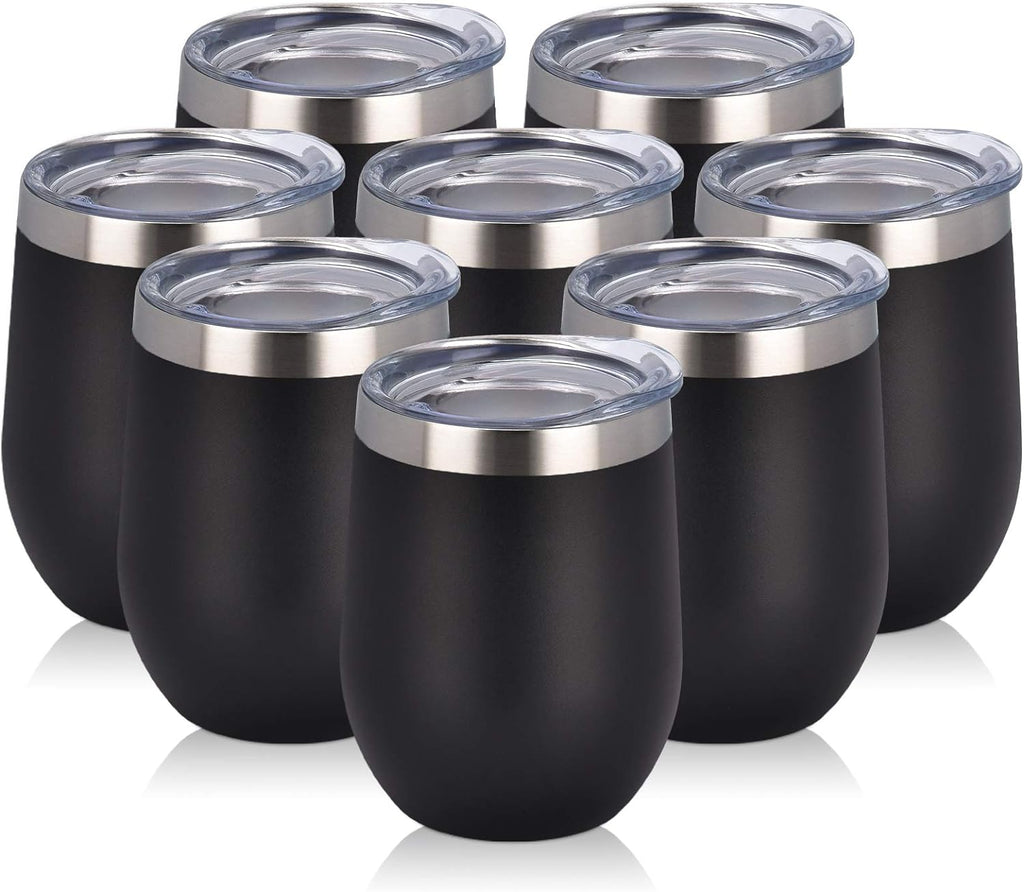 8 Pack 12Oz Stainless Steel Wine Tumblers, Insulated Wine Tumbler, Double Wall Insulated Wine Glass, Stainless Steel Stemless Wine Cups with Lids for Coffee, Wine, Cocktails, Champaign, Black