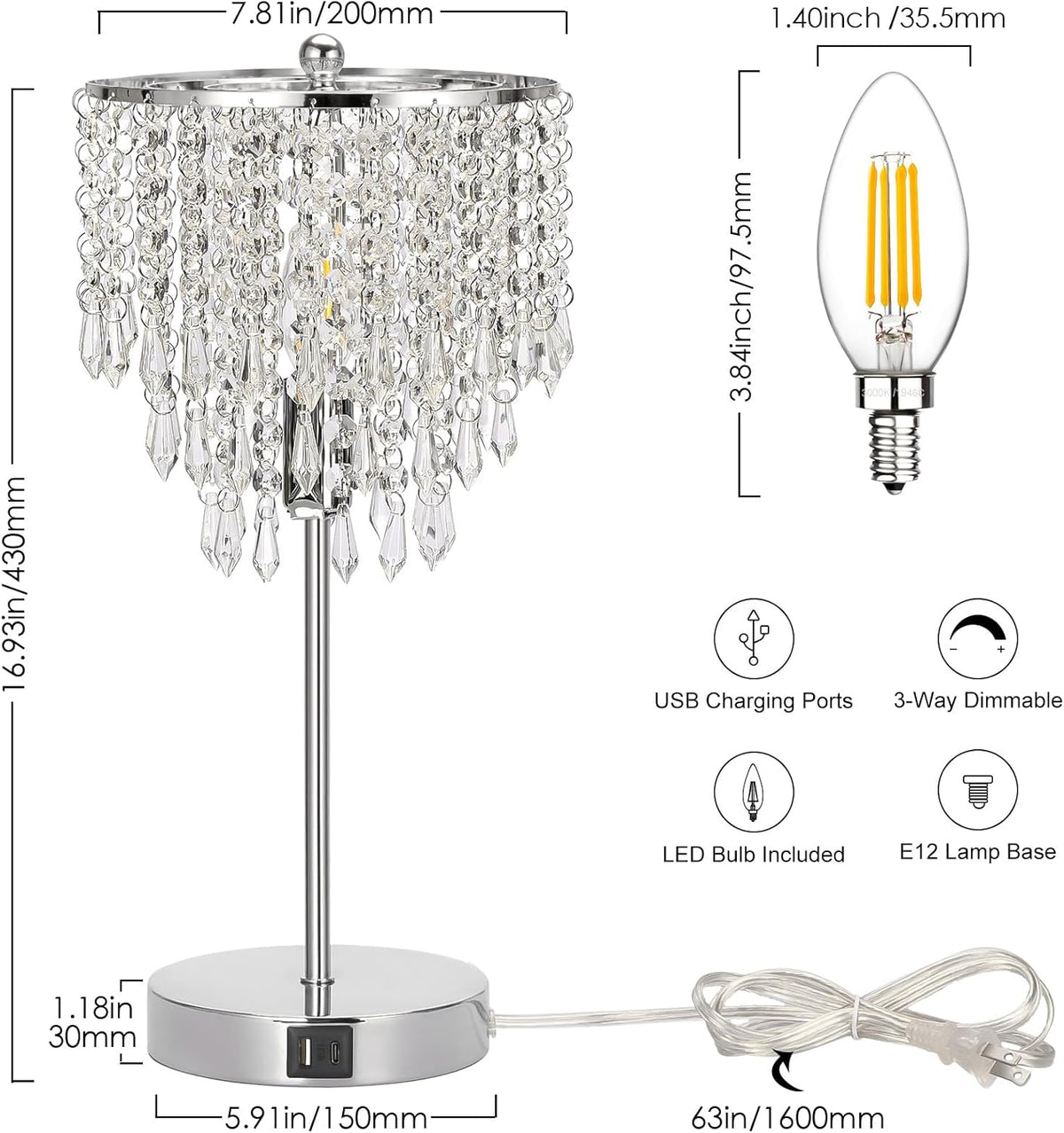 Touch Control Crystal Table Lamp with USB C+A Charging Ports, 3-Way Dimmable Bedside Touch Lamp Decorative Nightstand Lamp with Elegant Lampshade for Living Room Bedroom, B11 LED Bulb Included