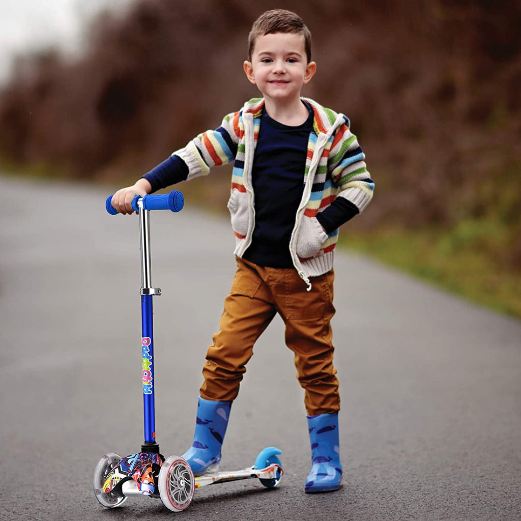 3-Wheel Kick Scooter for Kids Ages 3-8 Lean-To-Steer Toddler Scooter with Extra Wide Light up Wheels, 4 Adjustable Heights, Foldable Scooters for Boys & Girls, Max Weight 110Lbs