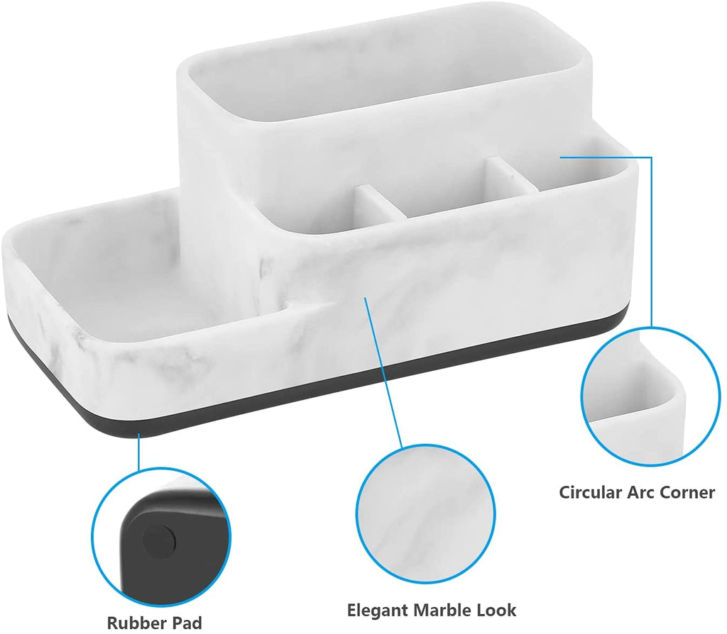 Toothbrush Holder Organizer - Multi-Functional Bathroom Storage for Makeup, Skincare, and Accessories - White Marble Look Countertop Organizer for Sink and Vanity Spaces