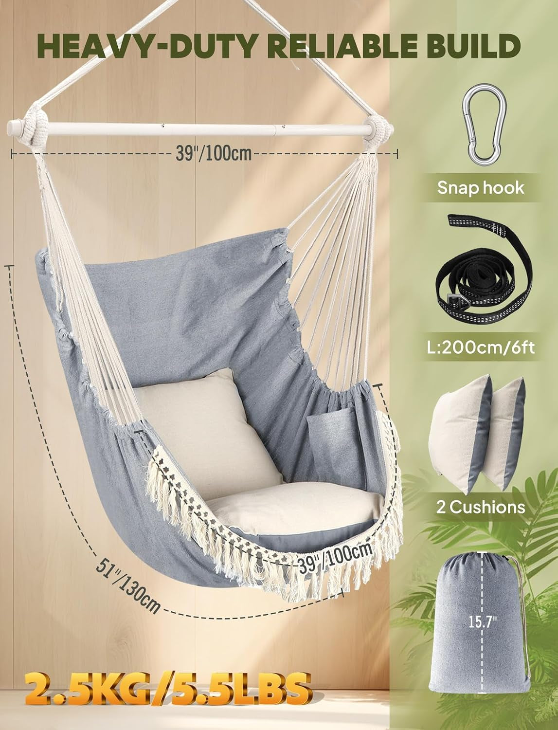 Hammock Chair Max 500 Lbs 2 Cushions Spreader Bar Strap Carabiner