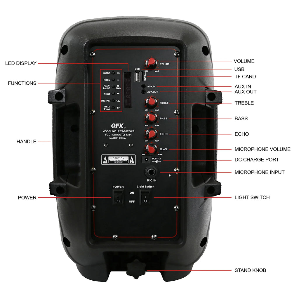 PBX-808TWS Dual 8-Inch Portable Bluetooth PA Speaker System with Stands, Wired Mics, Remotes, USB/FM/TWS/LED