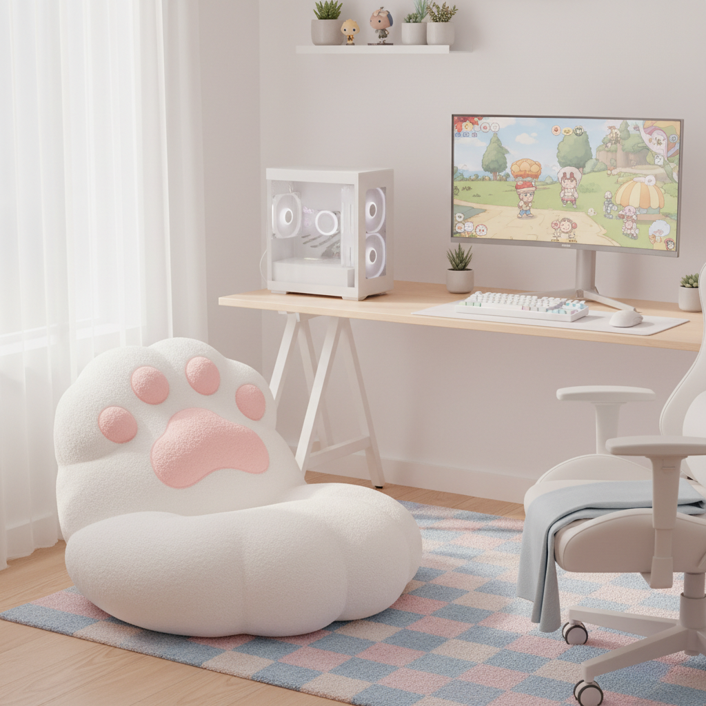 Large white kawaii cat paw cushion next to a gaming setup