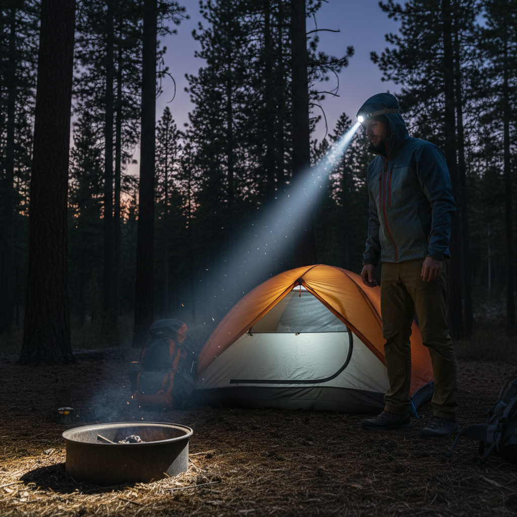 Person wearing a powerful LED headlamp at dusk setting up a tent in a forest campsite